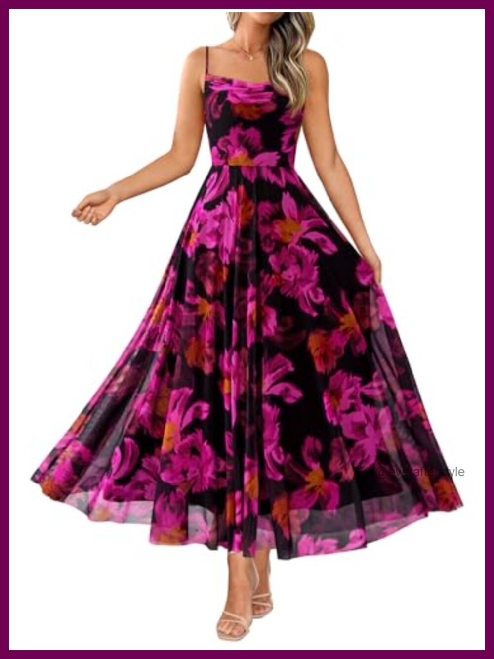 Floral Mesh Maxi Dress Cowl Neck Spaghetti Straps A-Line